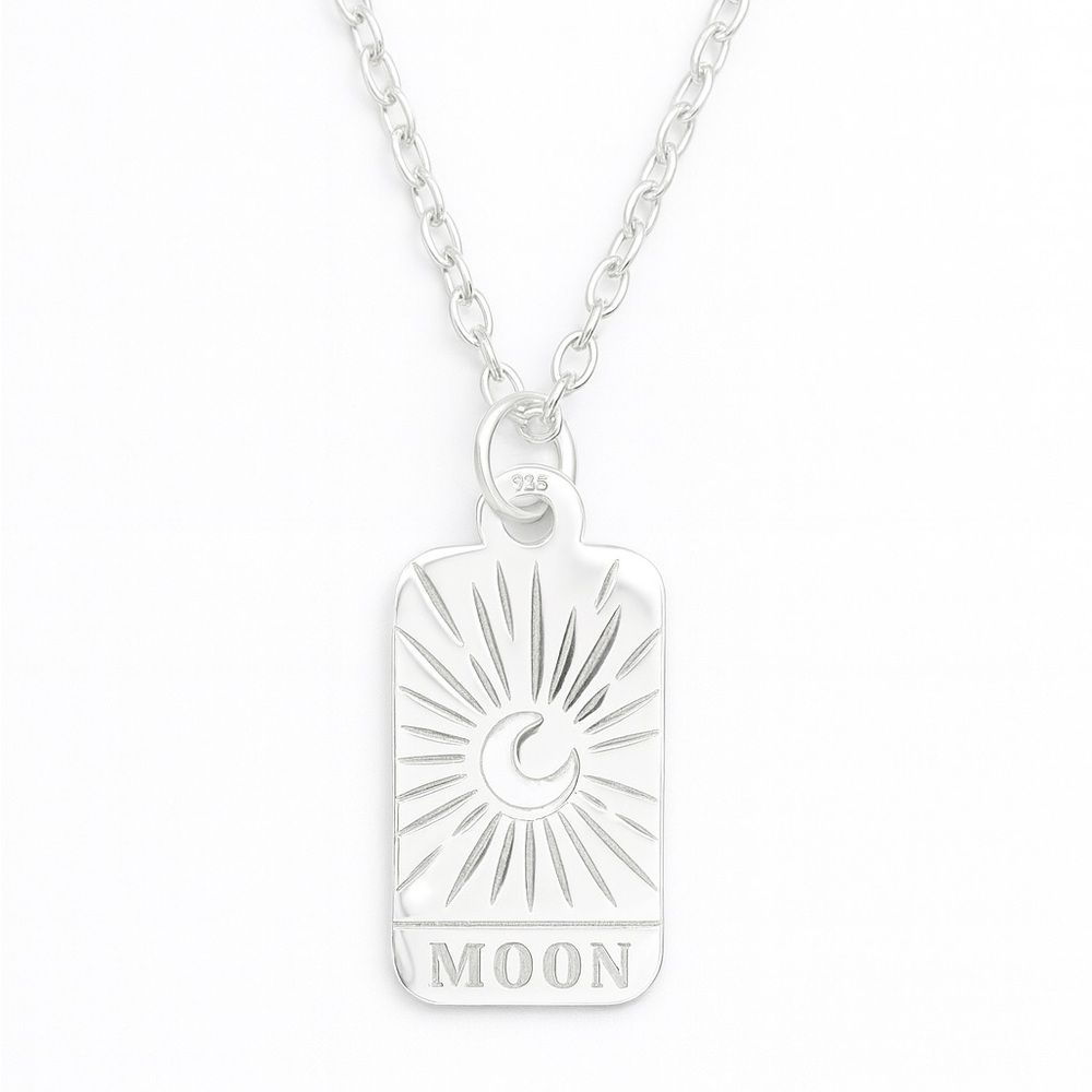 Sterling Silver Celestial Moon Tag Necklace Dainty Minimalist Pendant